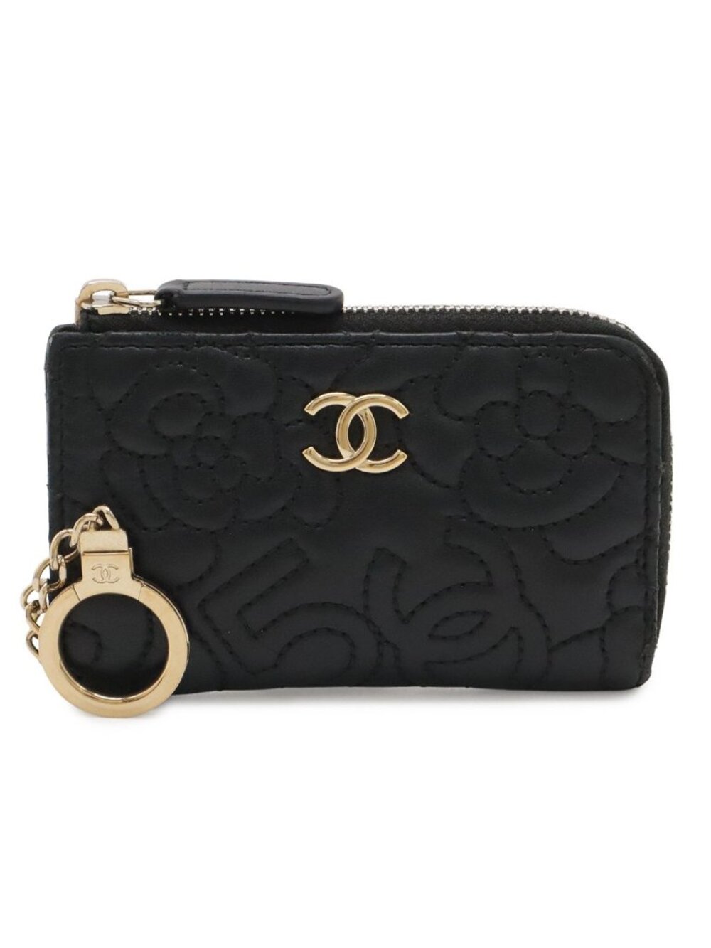Chanel Camellia CC Logo Coin Purse L-shaped Zipper Lambskin Leather Black Gold